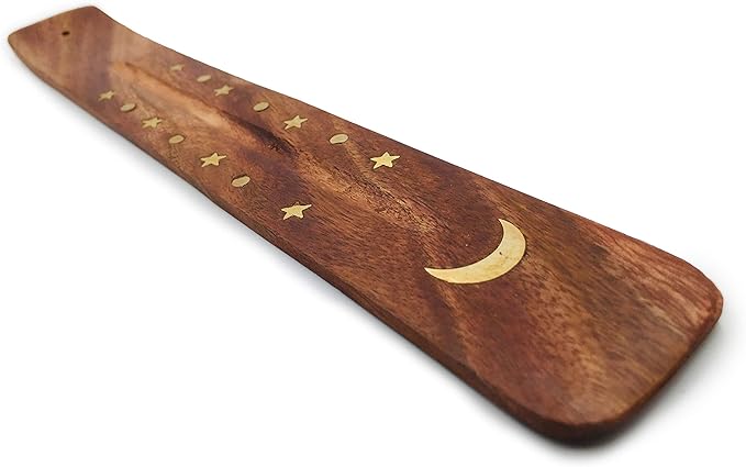 Moon and Stars Incense Holder - Wooden Ash Catcher with Celestial Design for Single Incense Sticks - Meditation Accessories, Spiritual Decor, Home Fragrance, Room Decor (10 Inches Long)