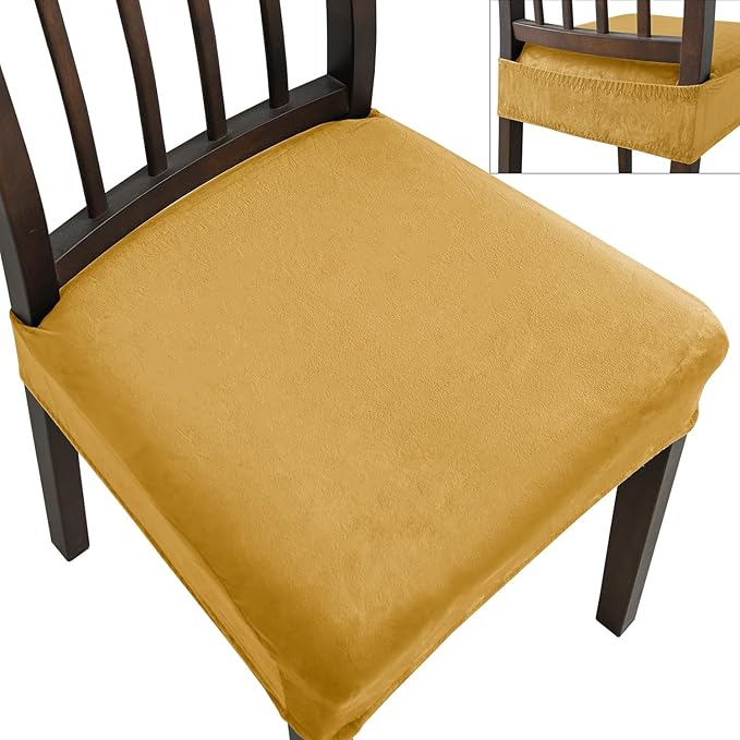 Dining Chair Seat Covers Set of 6, Stretch Velvet Chair Seat Slipcovers Protector, Removable Washable Kitchen Chair Covers for Dining Room Chairs (Set of 6, Mustard)