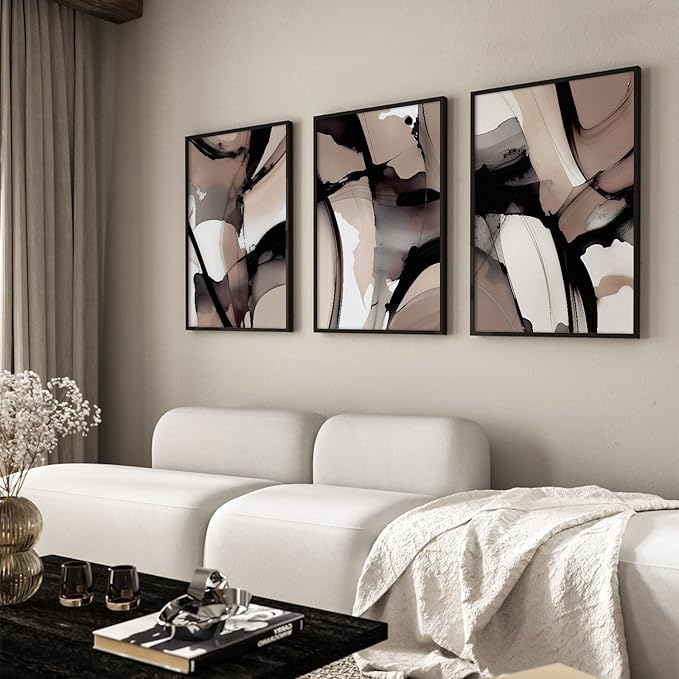 Black Beige Abstract Wall Art Brown Neutral Canvas Wall Decor Minimalist Art Poster Modern Abstract Painting Artwork Watercolor Black Brown Pictures for Living Room Bedroom 16x24 Inch Unframed 3pcs