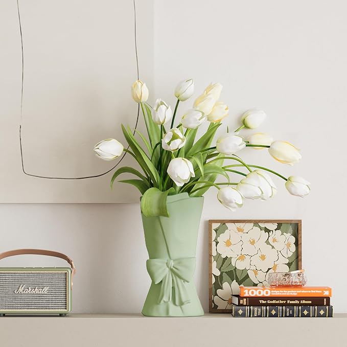 Green Ceramic Bow Vase 9.64 in Unique Cute Modern Decorative Bouquet Flower Vases for Home Living Room Table Decor Women Girl Gifts