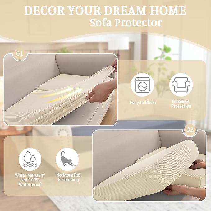 Sectional Couch Covers for Sofa Cushion L Shaped Couch Cover Washable Soft Couch Cushion Covers Stretch Sofa Slipcovers with 2 Pcs Pillowcases(3-Piece 2 Seater + 1 Chaise, Natural)