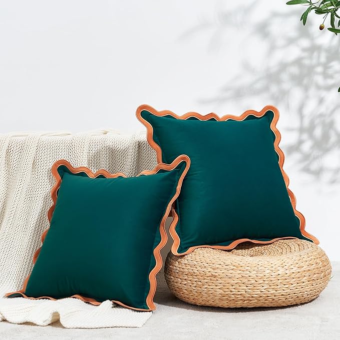 MONDAY MOOSE Decorative Throw Pillow Covers Cushion Cases, Set of 2 Soft Velvet Scalloped Wavy Edge Designs, Mix and Match for Home Decor, Pillow Inserts Not Included (22x22 inch, Coral/Dark Teal)
