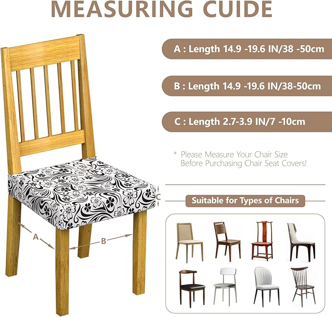 Stretch Dining Chair Seat Covers Set of 6,Dining Chair Slipcovers, Floral Printed Chair Covers,Soft Fabric Washable Upholstered Chair Seat Protector, No Rear Covers for Home Kitchen Dining Room