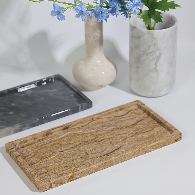 Solid Natural Marble Vanity Tray - 11.8"x5.9" Rectangular Bathroom & Dresser Organizer, Non-Resin Stone Tray for Jewelry/Perfume, Marble Trays for Decor Rectangl