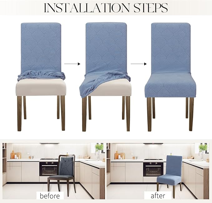 MOSAYT 100% Waterproof Dining Room Chair Covers Set of 4, Super Fit Stretch Jacquard Parson Chairs Slipcovers Removable Washable Chair Seat Protectors for Home, Kitchen, Banquet (Light Blue)