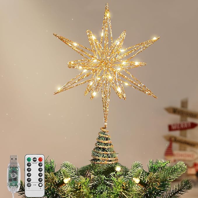 Lewondr Christmas Tree Topper, 13.78'' Metal Xmas 3D Geometric Tree Topper with 30 LED Bulbs, USB Remote Control Lighted Multi-Pointed Star Treetop, 6H Timer, 8 Modes Christmas Decor for Home, Gold