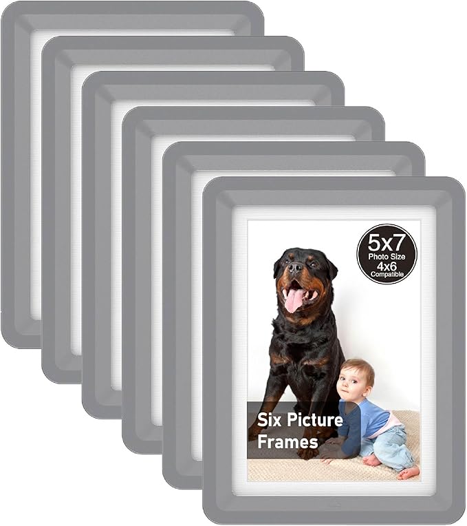 Dark Gray 5x7 Picture Frame with Acrylic Front 6 Pack, ABS Frame for 5x7 or 4x10 Photos, Shatterproof UV-Resistant Tabletop Photo Frame, Vertical/Horizontal Display for Home Décor
