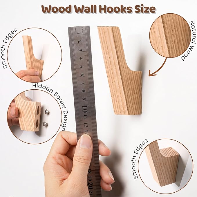 Wood Wall Hooks, 4 Pack Wood Coat Hooks, Minimalist Hat, Backpack, Jacket, Towel Hangers, Decorative Mounted Pegs, Durable Wall Hooks for Entryway, Bathroom and Kitchen (Ash)