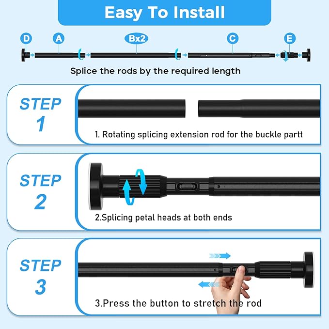 AIZESI 41-144 Inch Heavy Duty Black Tension Curtain Rod - No Drilling, Adjustable, Rust-Resistant for Outdoor, Living Room, Window, Bathroom