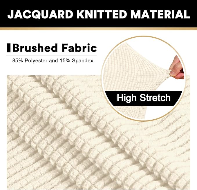 PrinceDeco Stretch Ottoman Cover Slipcovers Rectangle for Living Room Foot Stool Stretch Covers to Fit Ottoman Foot Rest, Checked Jacquard Fabric with Elastic Bottom (Large Size, Biscotti Beige)