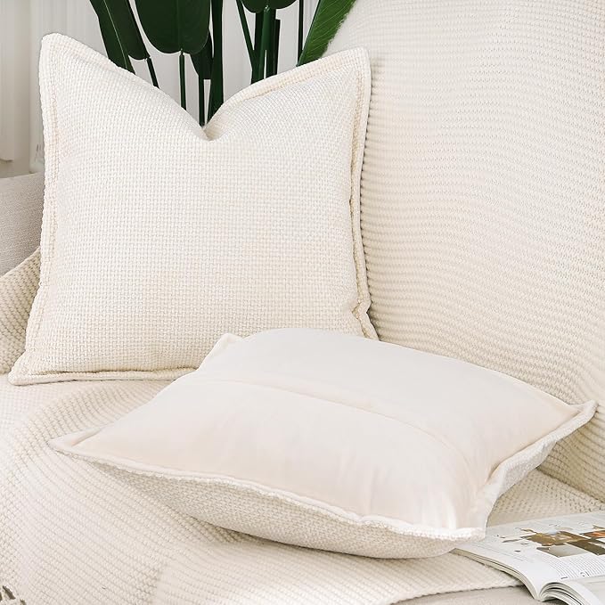 MADIZZ Chenille Velvet Throw Pillow Covers with Flange Set of 2 Super Soft Boho Textured Pillow Covers Decorative Throw Pillowcases Modern Farmhouse Home Decor for Sofa Bedroom Cream 16x16 Inch