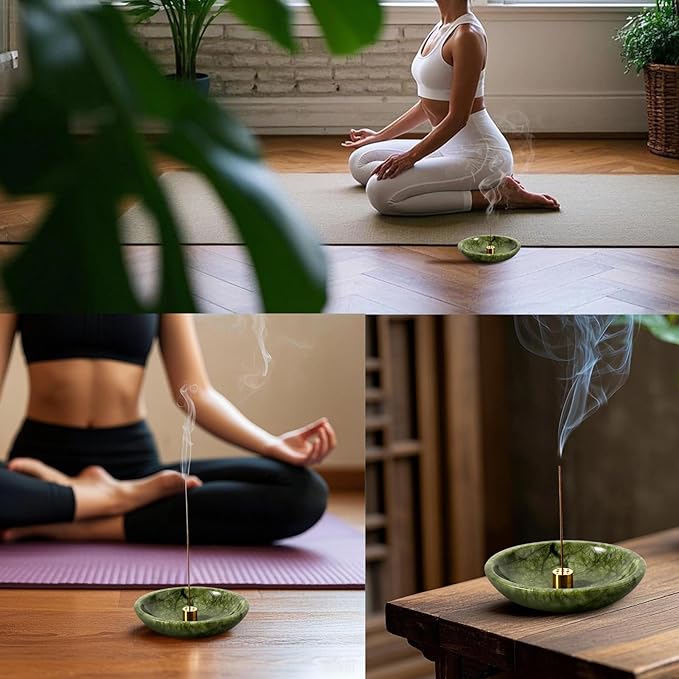 Koville Natural Marble Incense Holder, Incense Holder for Sticks with 9 Holes, Handmade Incense Burner Ash Catcher for Meditation Yoga SPA, Balsam Fir/Palo Santo/Sage/Cone (Green)