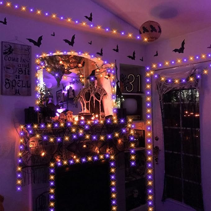 QITONG 165ft 500 LED Orange and Purple Halloween Lights Outdoor Waterproof, String Lights for Outside with 8 Modes, Green Wire Twinkle Lights Plug in Indoor