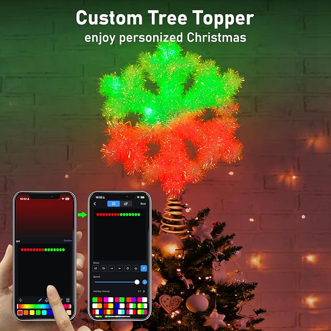 Smart Snowflake Christmas Tree Topper, 8 Inch Rainbow Lacquer Finish with RGB Color Changing, Static & Dynamic Modes, 12 LEDs, USB Powered for Xmas Tree Decorations