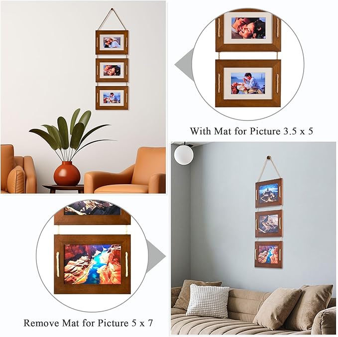 DLQuarts 5x7 Hanging Picture Frames Collage Wall Decor, 3 Opening 5x7 Matted to 3.5x5 Photo Rustic Wood Frame, Dark Walnut, 2 Pack