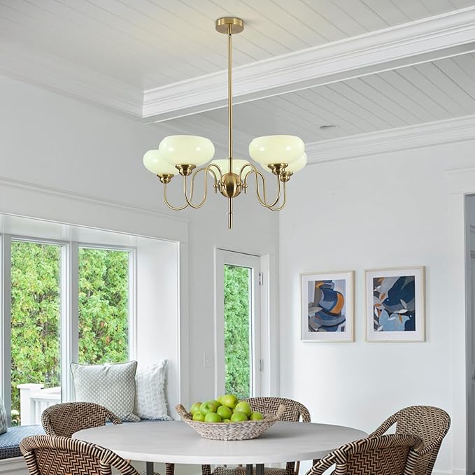 BOKT Green Vintage Chandelier 5-Light Mid Century Chandeliers Modern Sputnik Pendant Ceiling Light Fixture Adujstable Height Round Hanging Light Dining Room Ceiling Lights