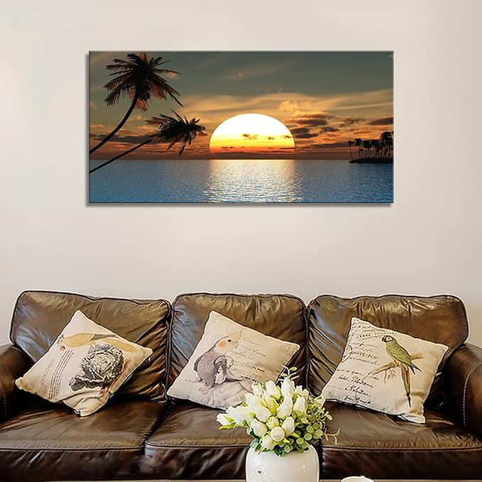 DZL Art S75675 Sunset Coconut Palm Trees Canvas Wall Art Palm Trees on the small island Tropical Scenery Nature Canvas prints Pictures for Living Room Home Office Wall Decor Artwork