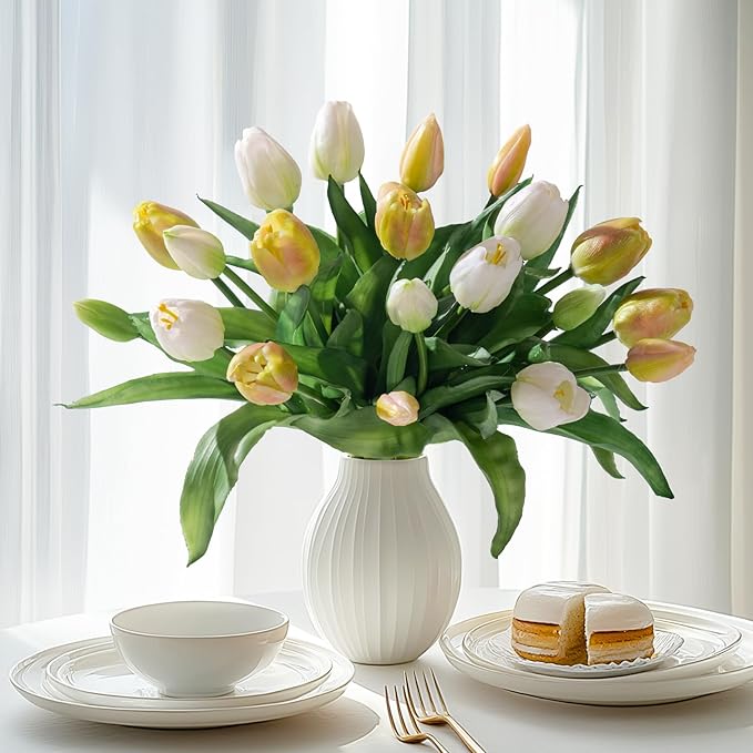 20PCS Fake Tulips Artificial Tulip Silk Flowers Fake PU Bouquet Artificial Flowers Faux Flowers with Gift Box Soft Faux Tulips Bouquets Arrangements for Party Wedding Home