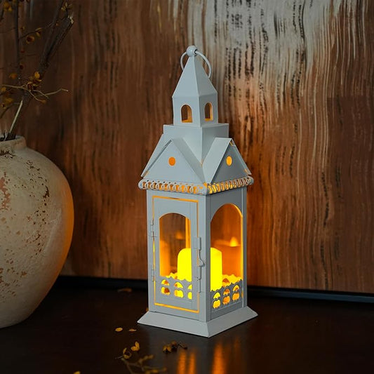 TRIROCKS Rustic Style Metal Candle Lantern 13'' High Decorative Outdoor Lantern Candle Holder with Tempered Glass House Shape for Home Living Room Garden Patio Parties Indoors Outdoors (White)