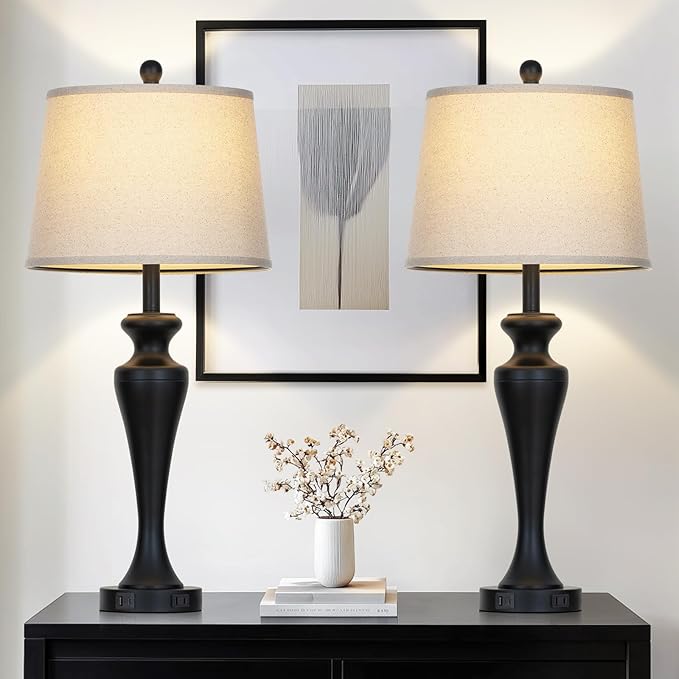 30" Black Table Lamps Set of 2, Touch Control Tall Living Room Lamp with USB A+C Ports and AC Outlet, 3-Way Dimmable Bedside Lamps for Nightstand, Modern Metal Bedroom Lamp, 2 Bulbs Included