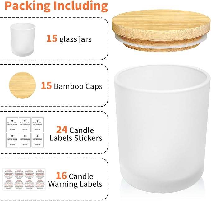 15 Pack Empty Candle Jars, 7oz Frosted Glass Jars with Bamboo Lids Candle Containers in Bulk for Making Candles, Stickers and Labels Included