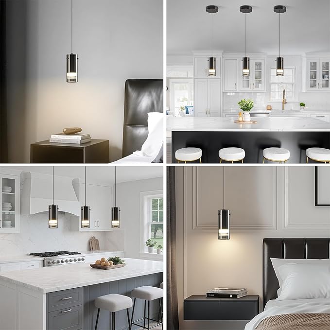 Black Pendant Light Fixtures, Adjustable Modern LED Smoky Gray Glass Pendant Lights for Kitchen Island, Single Hanging Pendant Lighting for Dining Table Hallway Bedroom Living Room(1-Pack)