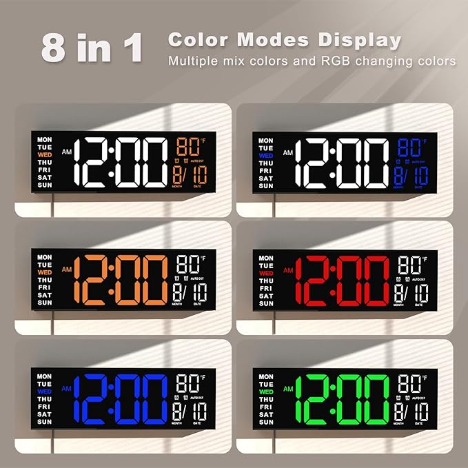 JALL 16" Large Digital Wall Mount Clock, Count Down Timer, Alarm, Big LED, RGB Color, DST, Temperature for Living Room Classroom Desk, Xmas, Birthday Gift for Senior Mom Dad (White Orange, 16 inches)
