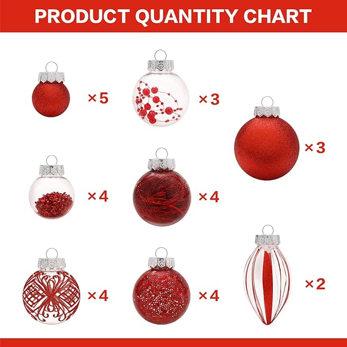 Christmas Ornaments Set, 32Pcs Clear Plastic Shatterproof Christmas Ball Hanging Ornaments for Xmas Tree Decorations, for Indoor Home Thanksgiving Party Holiday Decor - Red.