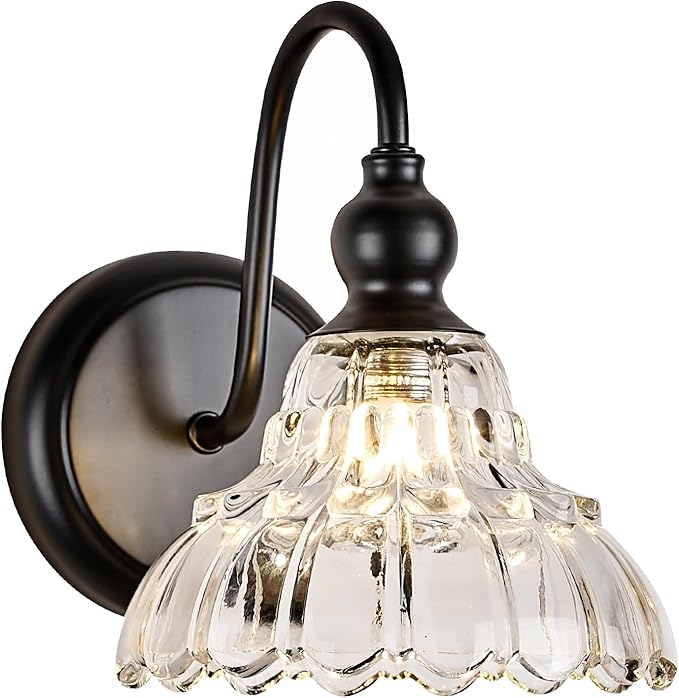 Modern Black Wall Sconce Mini Wall Light Made of Metal Body and Pressed Patterned Glass Retro Vanity Light for Bedroom, Bathroom, Doorway, Farmhouse