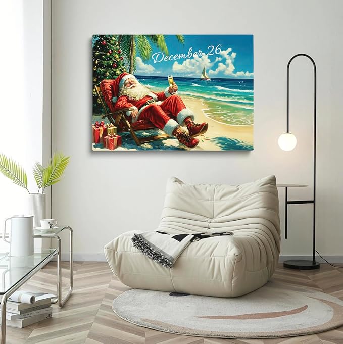 Santa Claus Wall Art - Tropical Christmas Scene, Relaxing Santa on Beach, 24x36 Inch Framed Art for Home, Office, Bedroom