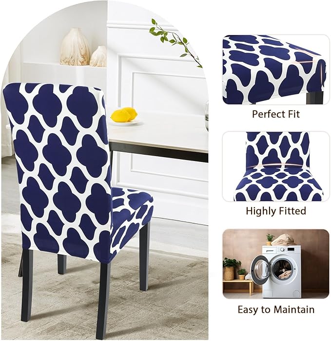 SearchI Dining Room Chair Covers Set of 4, Spandex Stretch Kitchen Chair Slipcovers Removable Washable Moroccan Geometric Parsons Chair Covers Protector for Dining Room, Hotel (Navy Blue)