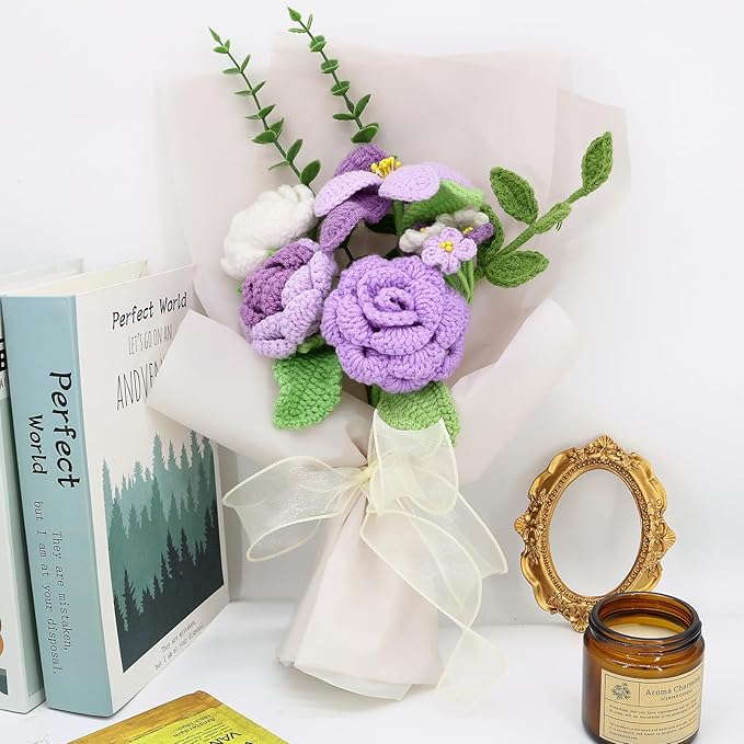 Handmade Crochet Sunflowers Rose Daisy as a Gift for Lover, Family,Friends. Crochet Bouquet, Crocheted Yarn Flowers, Artificial Flower Finished Bouquet (Purple)