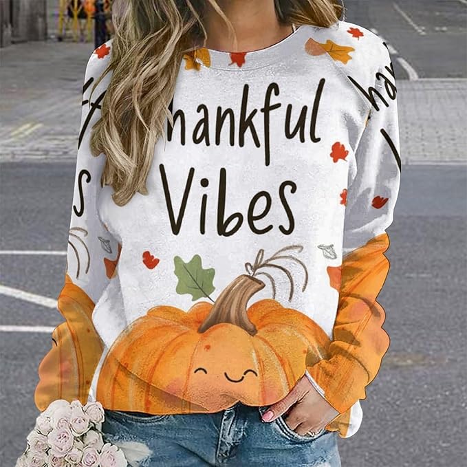 Womens Thanksgiving Sweatshirt Oversized Crewneck Pullover Casual Graphic Long Sleeve Shirts