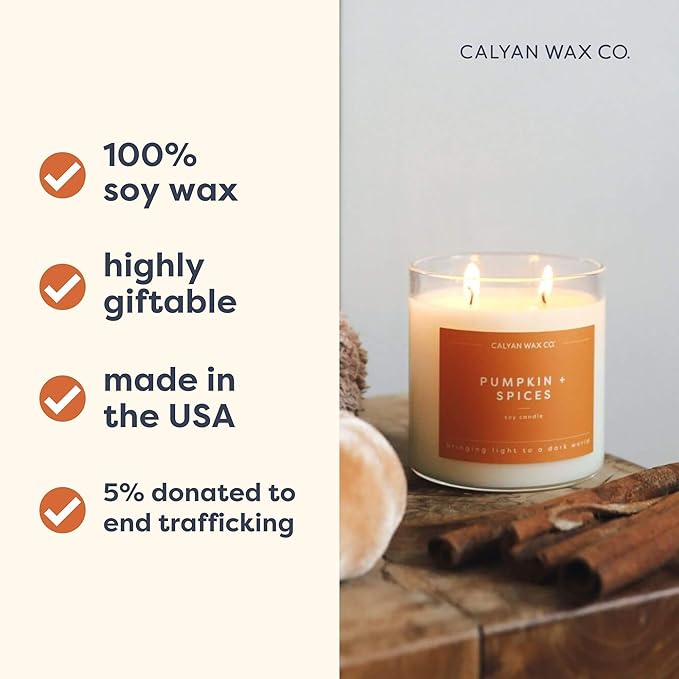 Calyan Wax Co. Pumpkin & Spices 2 Wick Scented Candle - 37 Hour Burn - Luxury Non Toxic Soy Wax Candles - Long Lasting Large Glass Jar Candle for Home - 8.8oz