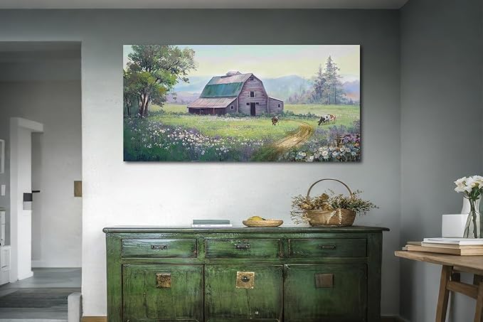 Acocifi Barn Picture Farmhouse Wall Art, Rustic Landscape Painting Farm Cow Print Textured Artwork Large Framed for Living Room Bedroom Dining Room Kitchen Office Home Decor 40"x20"