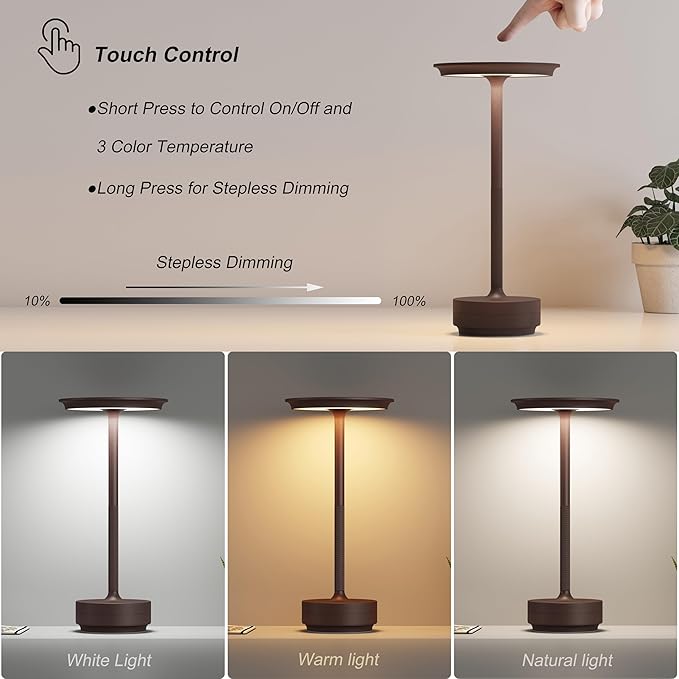 Rechargeable Table Lamps Cordless, Portable 5000mAh Outdoor Table Light, 3 Color Stepless Dimming LED Table Lamp with Memory Function, for Home/Dinner/Patio/Restaurant.(Rust)