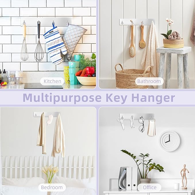 VIS'V Key Holder Wall Mount, Large Metal Self Adhesive Key Hanger with 4 Hooks, No Drilling, Extra Adhesive Strip, Silver