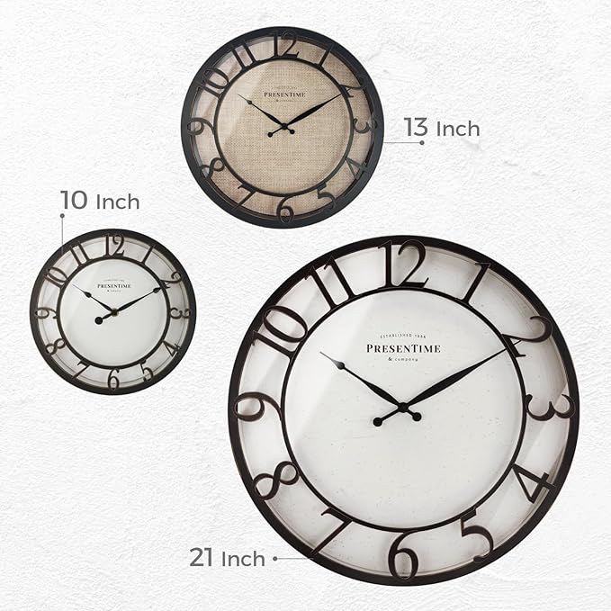 Presentime & Co 13" Farmhouse Series Wall Clock, Cottage Style, Faux Burlap Design, Silent No Ticking, Oil Rubbed Antique Bronze Finish