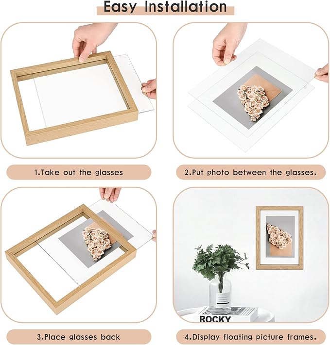 MUYE 11x14 Floating Frame Set of 2,Double Glass Rustic Frame,Display Any Size Photo up to 11x14,Wall Mount or Tabletop Standing,Natural