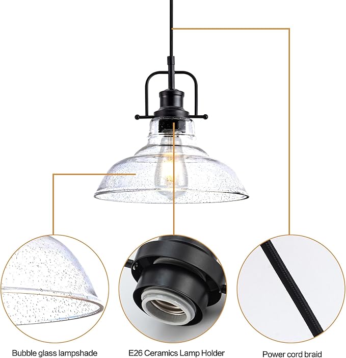 Glass Pendant Light，Black Pendant Light Fixtures with Seeded Glass Shade, Adjustable Height Hanging Lights for Hallway, Kitchen Island, Dinning Room（Bulb not Included）