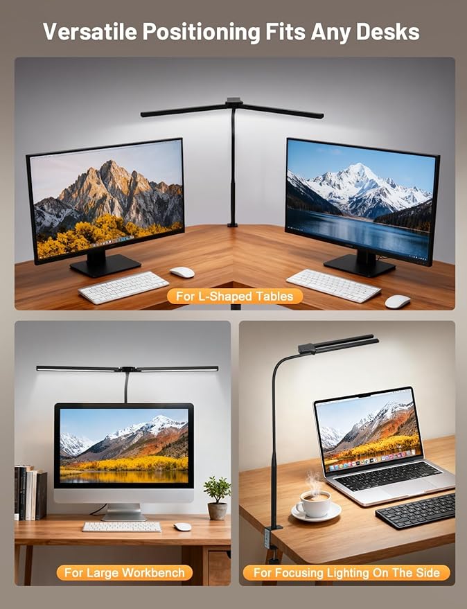 Computer Desk Lamp with Clamp for Home Office, Eye-Caring Architect Lamp, Dimmable Table Clip Lamp for Dual Screen Computer Monitor, Adjustable Color Lighting Mode LED Monitor Light