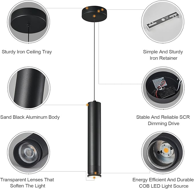Adjustable Focus LED Pendant Lights Kitchen Island 2 Pack Black Pendant Light Mini Modern Pendant Lighting for Kitchen Bedroom Dining Room Cylinder Pendant Spot Light, 4000K