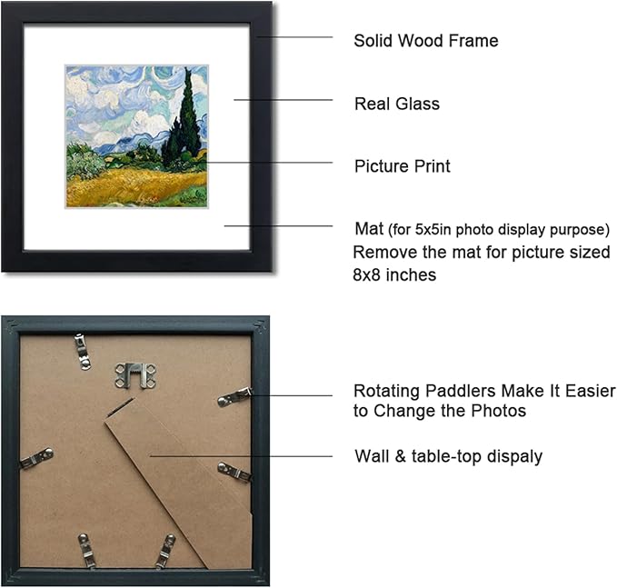 8x8 Picture Frame Set of 4 Made of Solid Wood Photo Frame with Real Glass for Pictures 5x5 with Mat or 8x8 Without Mat, Wall Mount or Tabletop Gallery Photo Frames in Black