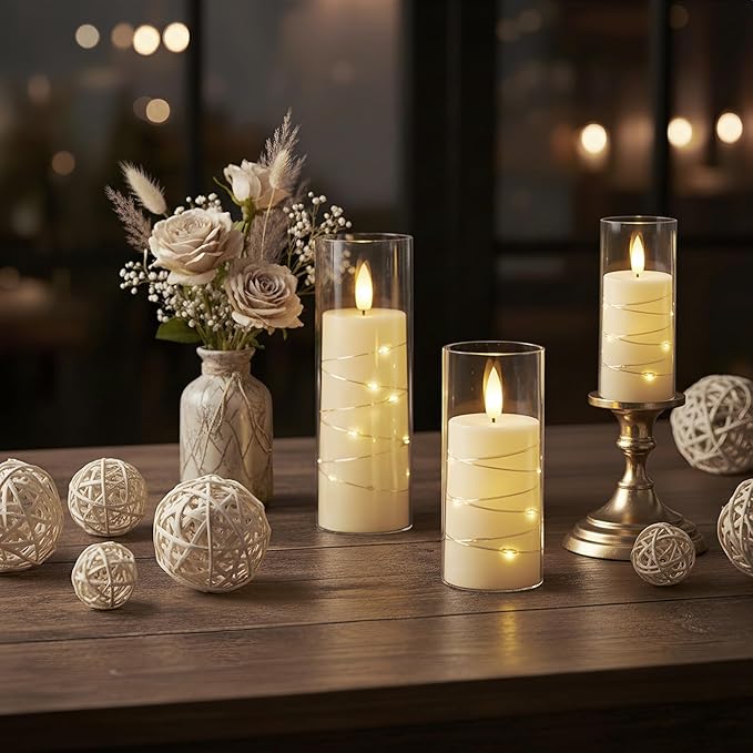 Raycare Flameless Candle with Remote Timer, 3 Flickering Acrylic Battery Operated LED Pillar Candles with Embedded Star String for Christmas, Home Decor, and as a Gift(Ivory)