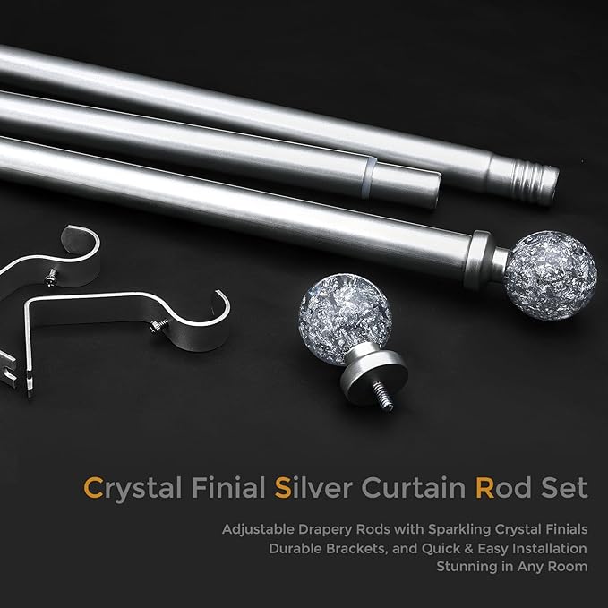 2 Pack Silver Curtain Rods for Windows 28 to 48 Inch, 1'' Heavy Duty Adjustable Drapery Rod with Unique Crystal Ball Finials, Modern Decorative Curtain Rod,Size; 30-60''