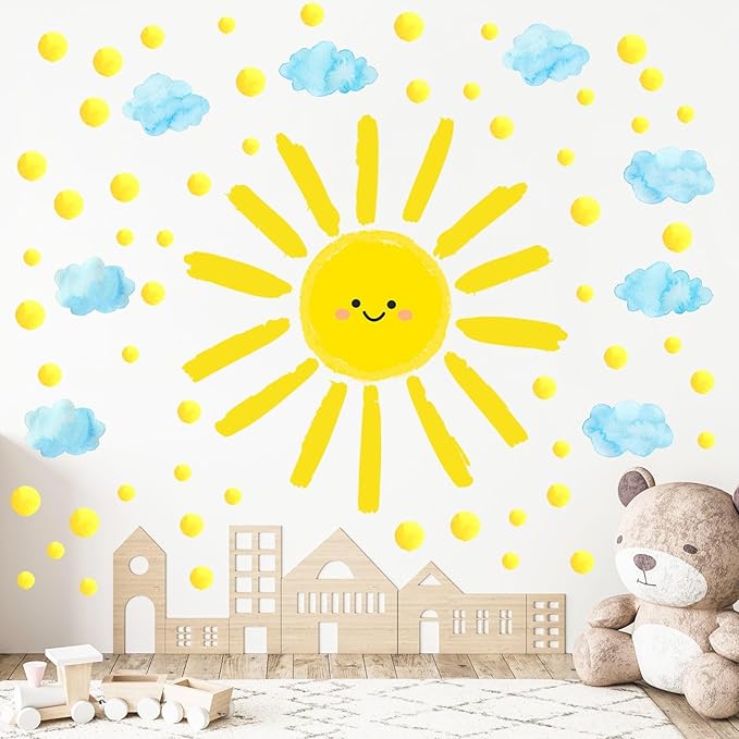 Sun Wall Decals Watercolor Cloud Wall Stickers for Kids Room, 12 Sheets Large Sun Cloud Wall Decor Posters Polka Dots Wall Stickers Home Decorations for Girls Room Bedroom Play Room