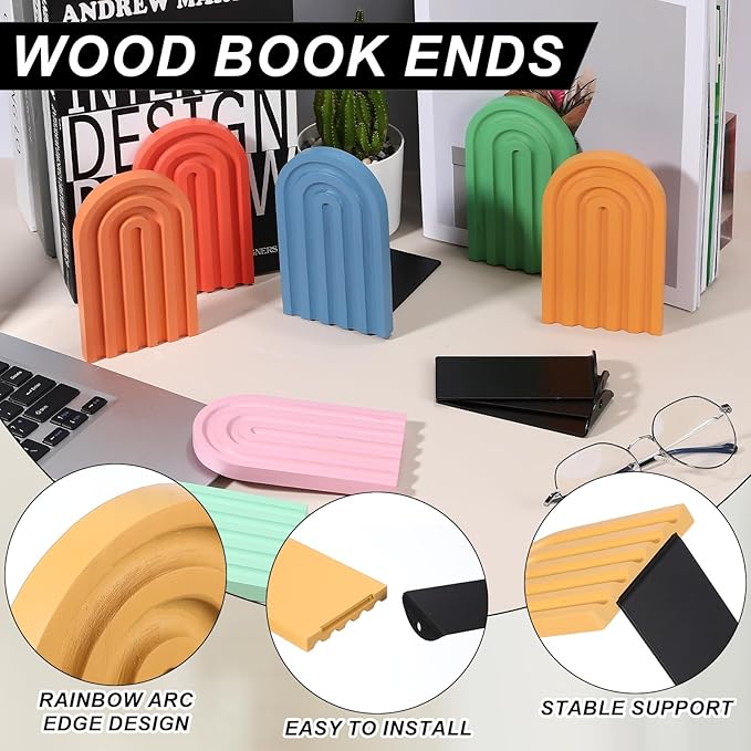 PATIKIL 4Pcs Boho Arch Bookends, Non-Skid Wood Book Ends Rainbow Wooden for Shelves Book Stopper Stand Cute for Holding Books Movie CD Home Office Library Decorative, Yellow/Pink/Blue Tone