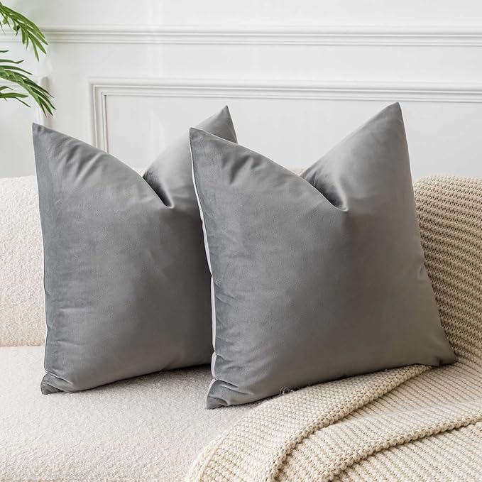 JUSPURBET Grey Decorative Pillow Covers Set of 2 Velvet Throw Pillow Covers for Couch Sofa Bed Soft Euro Cushion Covers Cases with Hidden Zipper for Living Room Home Decor 28x28 inch