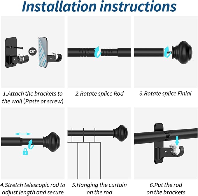 Black Curtain Rod for Windows 48 to 84 Inches,5/8 Inch Diameter Small Curtain Rods Set with Adhesive Bracket,Renter Friendly Adjustable Curtain Rods for Bedroom (30 to 90)