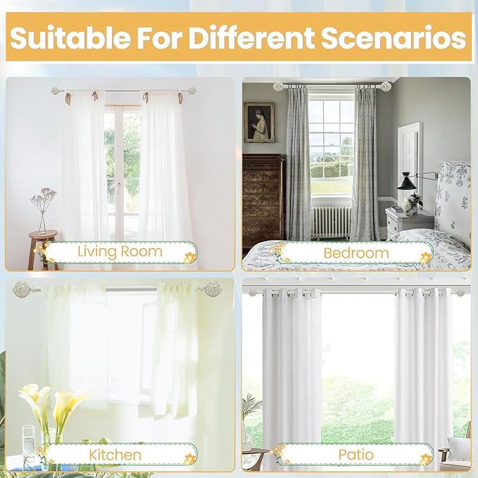 1 Inch Curtain Rod For Windows 28 to 48 Inches, Heavy-Duty Adjustable Decorative Curtain Rod With Rattan Leaf Hollow Finials For Bedroom And Living Room White